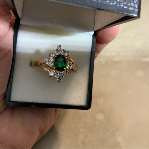 SYN EMERALD CLUSTER CZ GOLD PL RING SZ 10 14KT - Picture 13 of 16